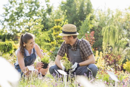 In a well-maintained garden with lush green trees and shrubs in the background, a young woman and a young man are kneeling among a variety of flowering plants and herbaceous borders. The woman is holding a small potted plant, smiling as she listens, while the man, wearing gardening gloves and a checkered shirt, appears to be explaining or demonstrating something related to plant care. The garden floor features a mixed surface of soil and grass, with neatly bordered flower beds containing an array of colourful blooms and foliage. To the right, there is a wooden decking area, and the overall scene is illuminated by natural daylight, suggesting a calm, sunny day ideal for outdoor gardening. This scene reflects professional gardening activities typical of landscaping services offered by Landscapers Swiss Cottage in the local area, focusing on garden planting, maintenance, and enhancement for residential outdoor spaces in the Swiss Cottage area, with visible greenery and a relaxed, inviting outdoor environment.