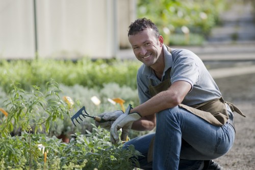 A man with short, dark curly hair and a wide smile is kneeling in a garden, surrounded by green foliage and flowering plants. He is wearing a light grey t-shirt, blue jeans, and gardening gloves, holding a small hand rake in one hand while tending to the young plants. The garden features a neatly maintained lawn with lush, dense grass, and a background with a wooden fence and a row of small trees or shrubs. The scene is illuminated by natural daylight, indicating fair weather, and reflects a well-kept outdoor space suitable for gardening and landscaping services in Swiss Cottage area. The garden appears to be part of a residential property, emphasizing the importance of professional garden renovation and maintenance services provided by Landscapers Swiss Cottage.